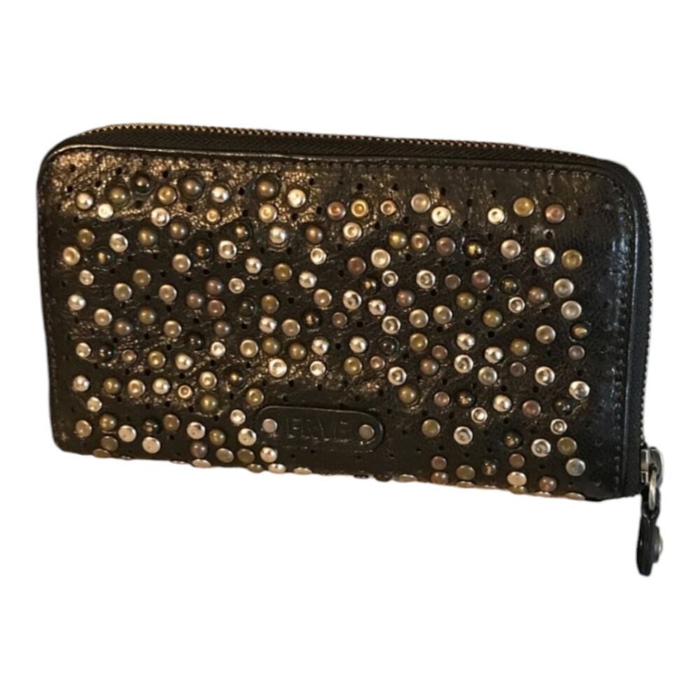 Frye Deborah Black Studded Zip Around Wallet Rare HTF